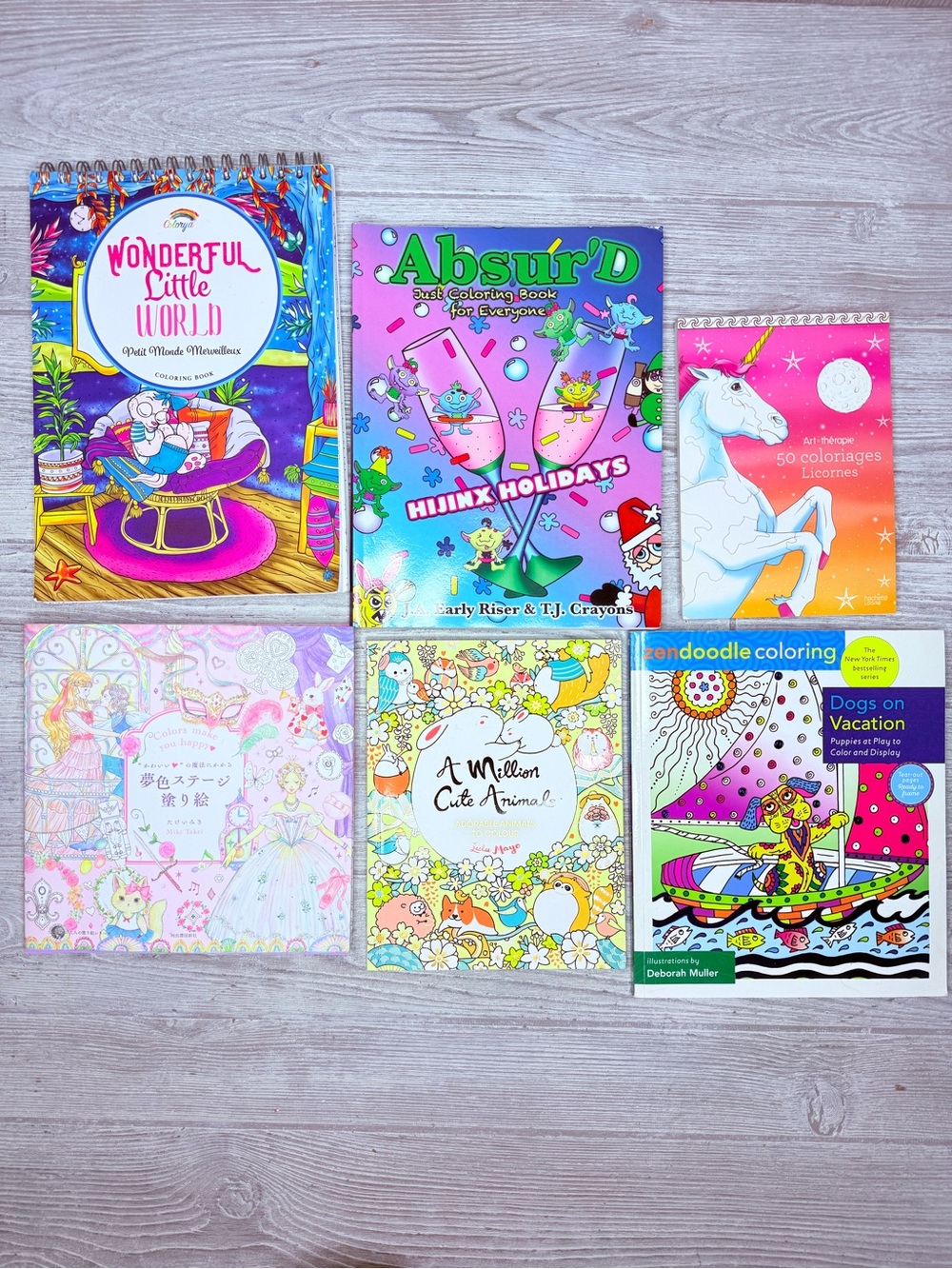 6 new adult coloring books wonderful little world, adsur’d, licorns, animals